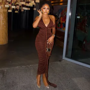 Women Sexy Solid Color V-Neck Maxi Dress