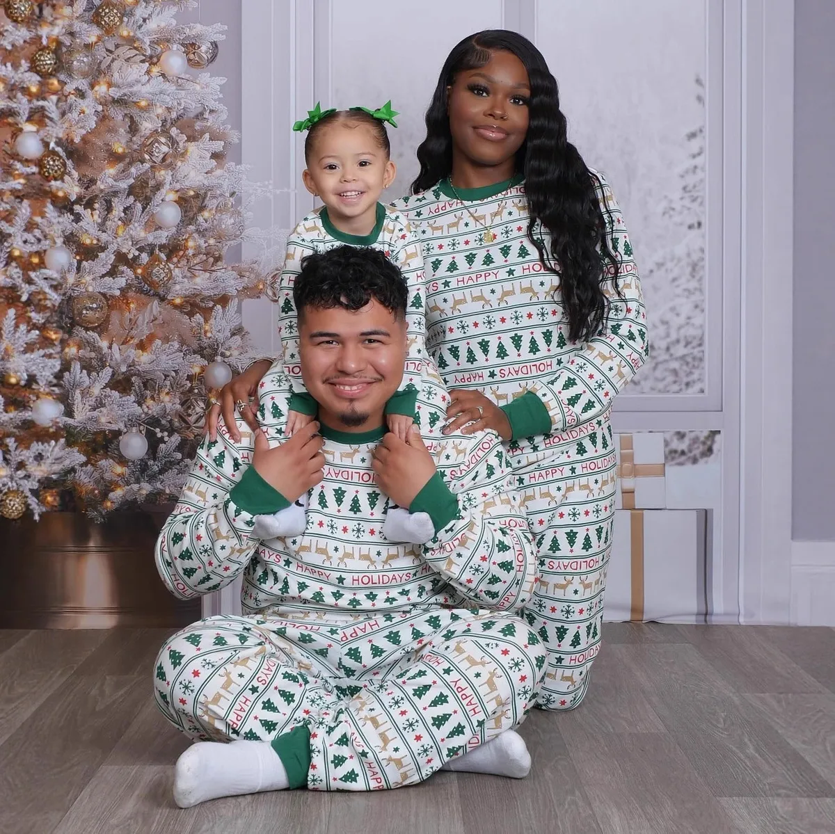 Fashion Cartoon Christmas Tree Printing Round Neck Long Sleeve Parent-Child Pajamas Set for Family Matching Outfits