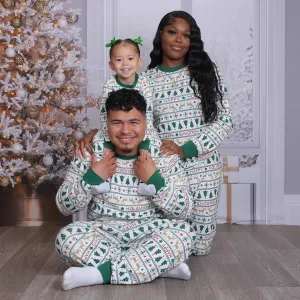 Fashion Cartoon Christmas Tree Printing Round Neck Long Sleeve Parent-Child Pajamas Set for Family Matching Outfits