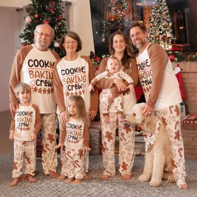 Cartoon Christmas Tree Print Round Neck Long Sleeve Cotton Cvc Leisure Home Parent-Child Pajamas Set
