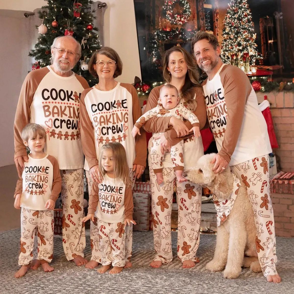 Cartoon Christmas Tree Print Cotton Cvc Leisure Round Neck Long Sleeve Unisex Home Parent-Child Pajamas Set