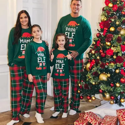 Cartoon Christmas Tree Print Round Neck Long Sleeve Cotton Cvc Family Matching Pajamas Set