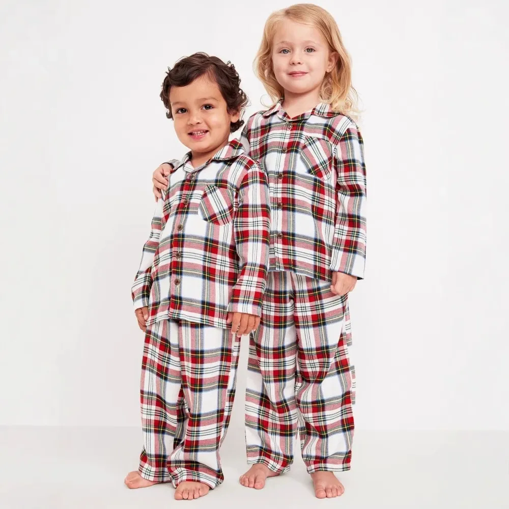 Cartoon Christmas Plaid Printing Lapel Long Sleeve Pajama Set for Family Matching Unisex Cotton Cvc
