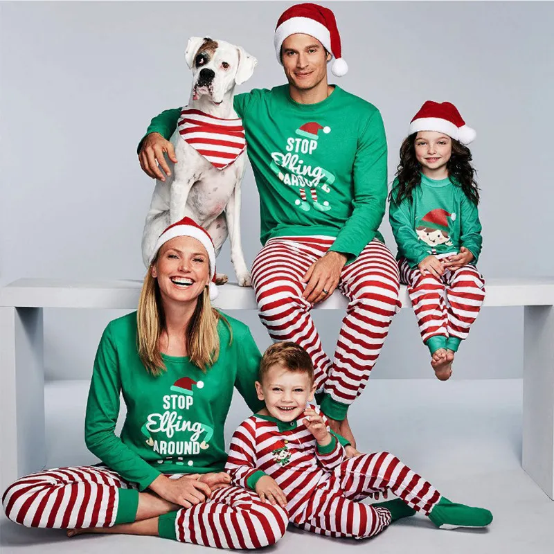 Cartoon Christmas Tree Print Round Neck Long Sleeve Unisex Cotton Blend Family Matching Pajamas Set