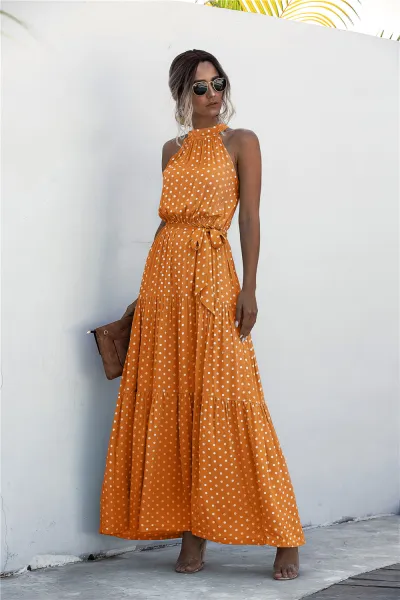 Women'S Casual Tiny Flower Dot-Print Maxi A- Line Dress