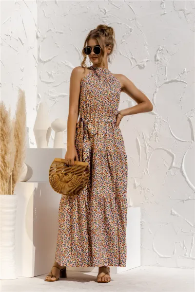 Women'S Casual Tiny Flower Dot-Print Maxi A- Line Dress