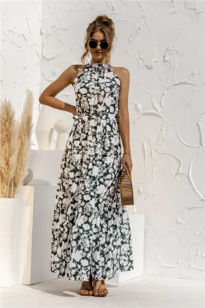 Women'S Casual Tiny Flower Dot-Print Maxi A- Line Dress