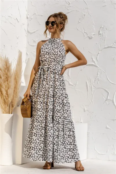 Women'S Casual Tiny Flower Dot-Print Maxi A- Line Dress