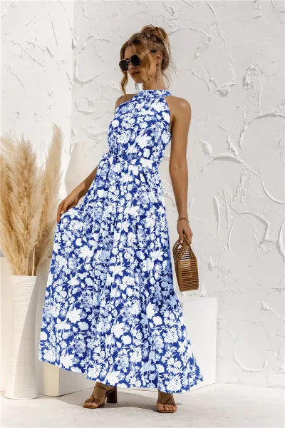 Women'S Casual Tiny Flower Dot-Print Maxi A- Line Dress