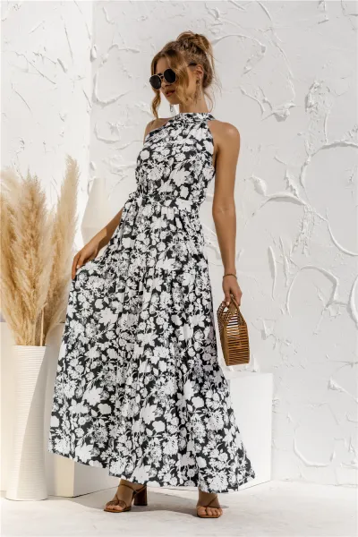 Women'S Casual Tiny Flower Dot-Print Maxi A- Line Dress