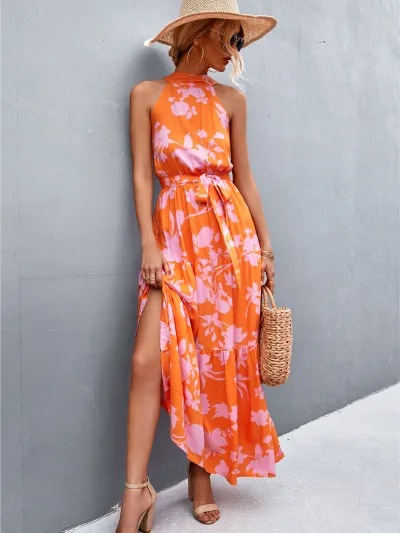 Women'S Casual Tiny Flower Dot-Print Maxi A- Line Dress