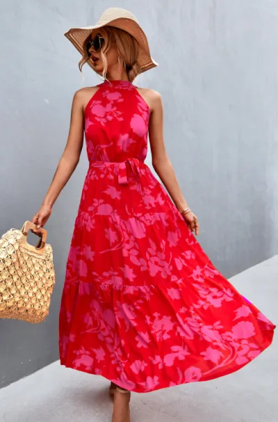 Women'S Casual Tiny Flower Dot-Print Maxi A- Line Dress