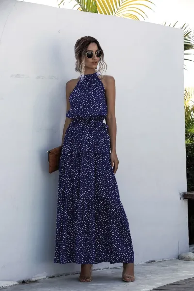 Women'S Casual Tiny Flower Dot-Print Maxi A- Line Dress