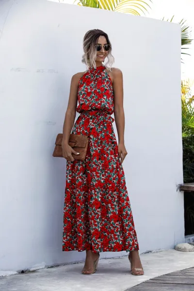 Women'S Casual Tiny Flower Dot-Print Maxi A- Line Dress