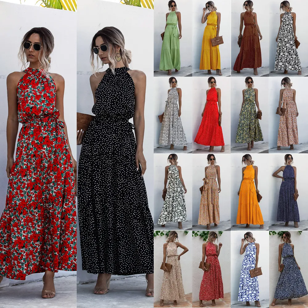 Women'S Casual Tiny Flower Dot-Print Maxi A- Line Dress