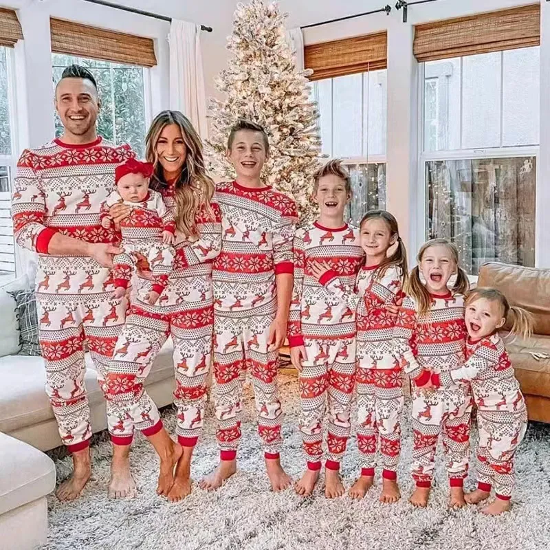 Cartoon Christmas Tree Print Round Neck Long Sleeve Family Matching Pajamas Set S-5XL