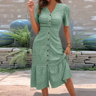 Vacation Summer Women Casual V-Neck Single-Breasted Midi Dress