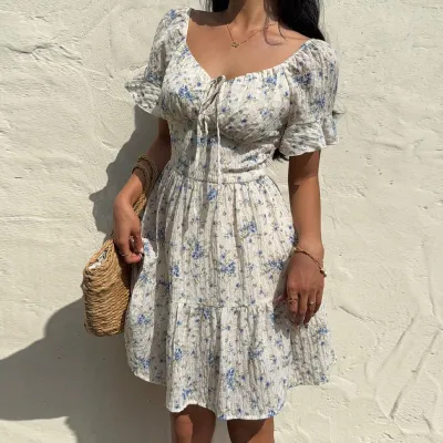 Summer Vacation Women Casual Tiny Flower Print Drawstring Floral Dress