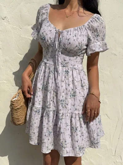 Summer Vacation Women Casual Tiny Flower Print Drawstring Floral Dress