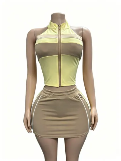 Women Sexy Contrast Stitching Sleeveless Top And Skirt Two-Piece Set