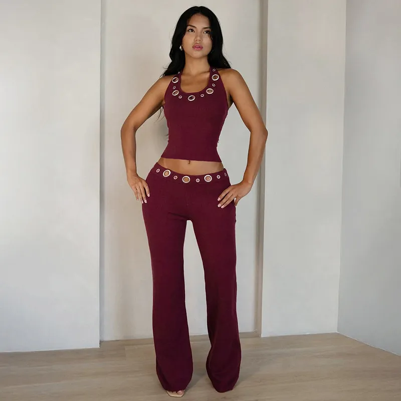 Women'S Sexy Creative Solid Color Sleeveless Neck Top And Pants Two-Piece Set
