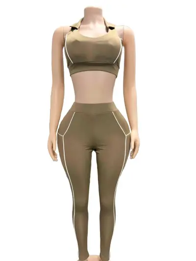 Women Fashion Lapel Corset Vest Top And Line Trousers Sport Two-Piece Set