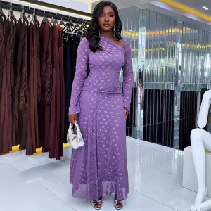 Women'S Elegant Slant Collar Long Sleeve Printed Maxi Party Dress