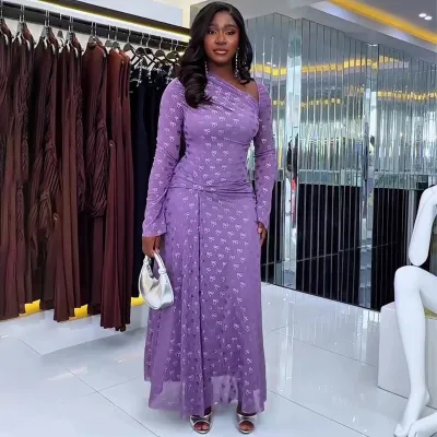 Women'S Elegant Slant Collar Long Sleeve Printed Maxi Party Dress