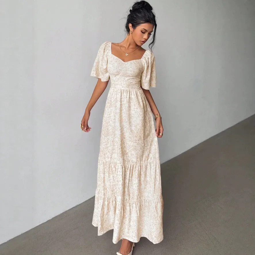 Women Casual Chiffon Tiny Flower Square Neck Short Sleeve Floral Maxi A-Line Dress