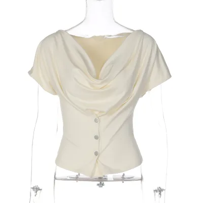 Street Women Fashion Cowl Neck Single-Breasted Short-Sleeved Shirt