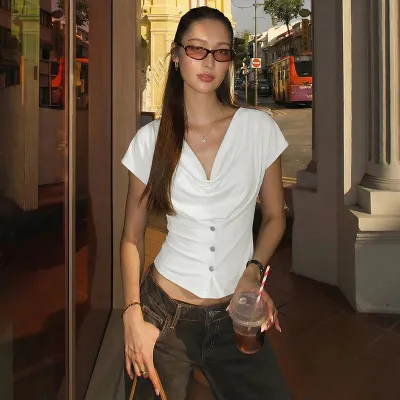 Street Women Fashion Cowl Neck Single-Breasted Short-Sleeved Shirt