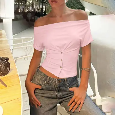 Street Women Fashion Cowl Neck Single-Breasted Short-Sleeved Shirt