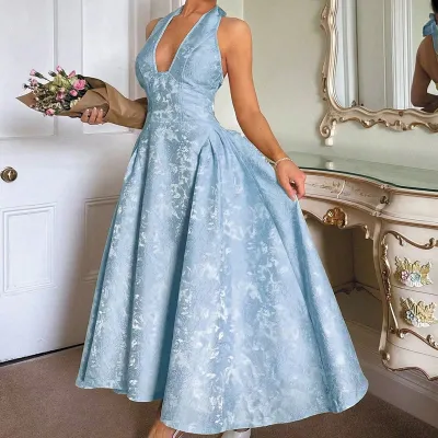 Women'S Vintage Embossed V-Neck Formal Dress