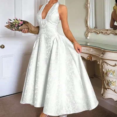 Women'S Vintage Embossed V-Neck Formal Dress