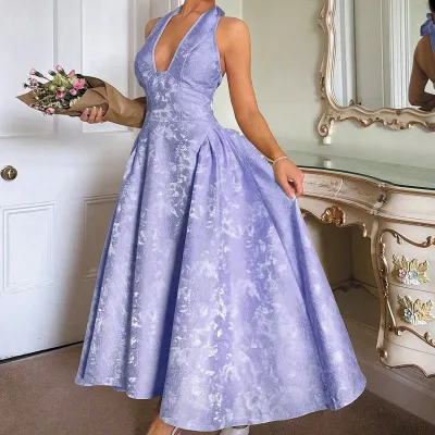 Women'S Vintage Embossed V-Neck Formal Dress