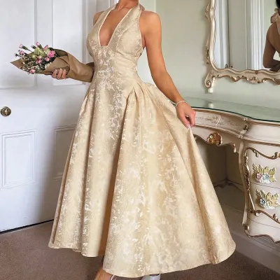 Women'S Vintage Embossed V-Neck Formal Dress
