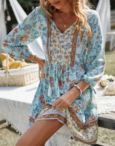 Women Fashion Casual Boho Vacation Printed V-Neck Long-Sleeve Loose Dress