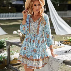 Women Fashion Casual Boho Vacation Printed V-Neck Long-Sleeve Loose Dress