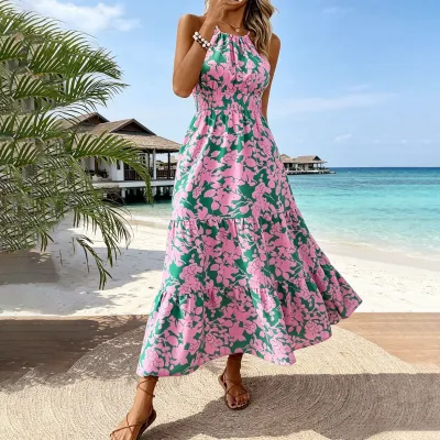 Women Fashion Vacation Printed Halter-Neck Strap Tight Waist Dress