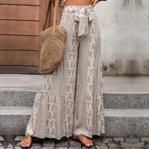 Women Fashion Casual Summer Vacation Printed High Waist Lace-Up Wide-Leg Pants
