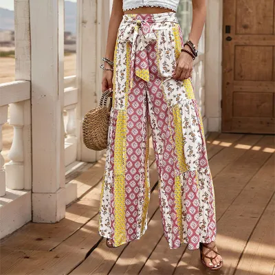Women Fashion Casual Summer Vacation Printed High Waist Lace-Up Wide-Leg Pants
