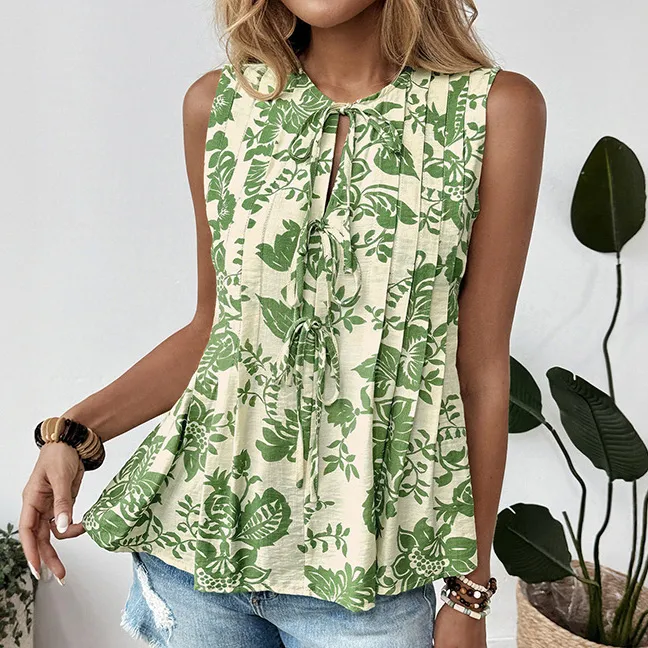 Women Fashion Casual Summer Vacation Printed Pleated Sleeveless Lace-Up Blouse