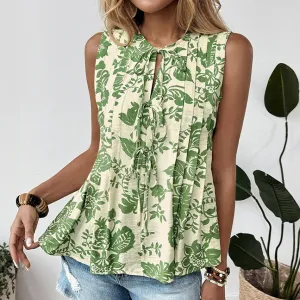 Women Fashion Casual Summer Vacation Printed Pleated Sleeveless Lace-Up Blouse