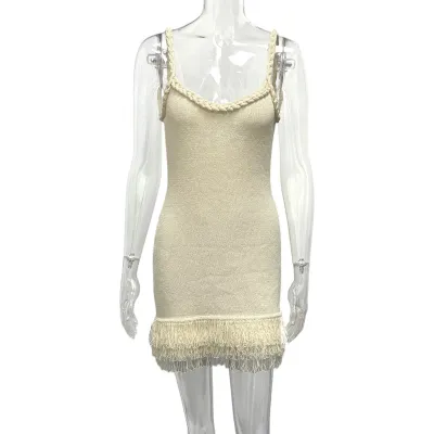 Women Fashion Sexy Summer Vacation Solid Color Hand-Woven Twist Rope Shoulder Strap Tassled Dress
