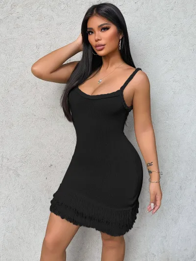 Women Fashion Sexy Summer Vacation Solid Color Hand-Woven Twist Rope Shoulder Strap Tassled Dress