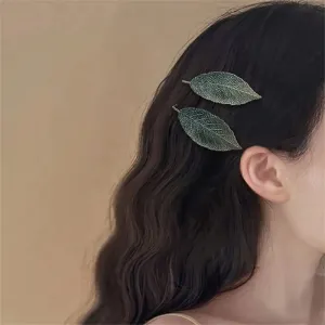 Women Fashion Beach Gradient Embroidered Leaves Hairpin Side Clip Bangs Clip Resort Style Fabric BB Clip Titanium Alloy