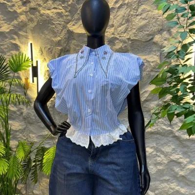 Women'S Fashion Stripe Stitching Short Sleeve Shirt