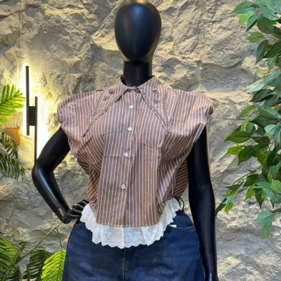 Women'S Fashion Stripe Stitching Short Sleeve Shirt