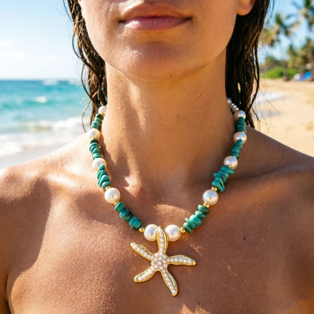 Women Fashion Ocean Multicolor Beaded Starfish Pendant Necklace