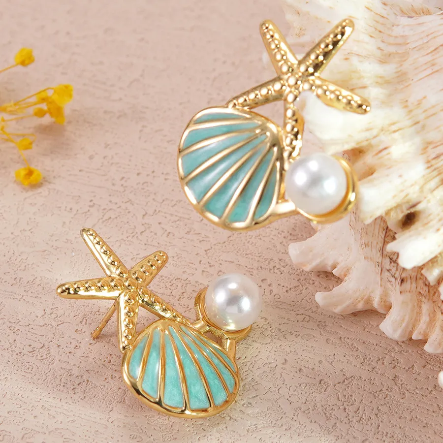 Women's Fashion Ocean Style Stainless Steel Starfish Shell Pearl Earrings